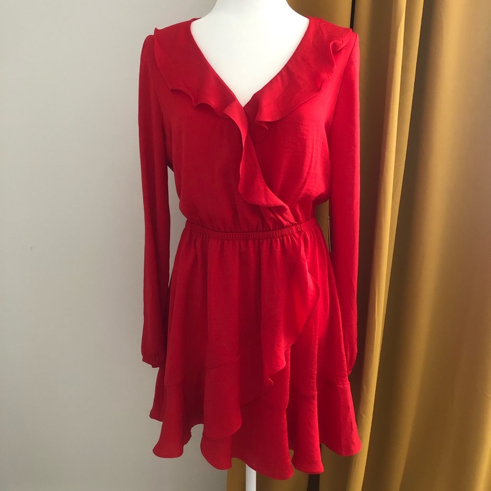 Express Red Long-Sleeve Ruffled Mini Wrap Dress